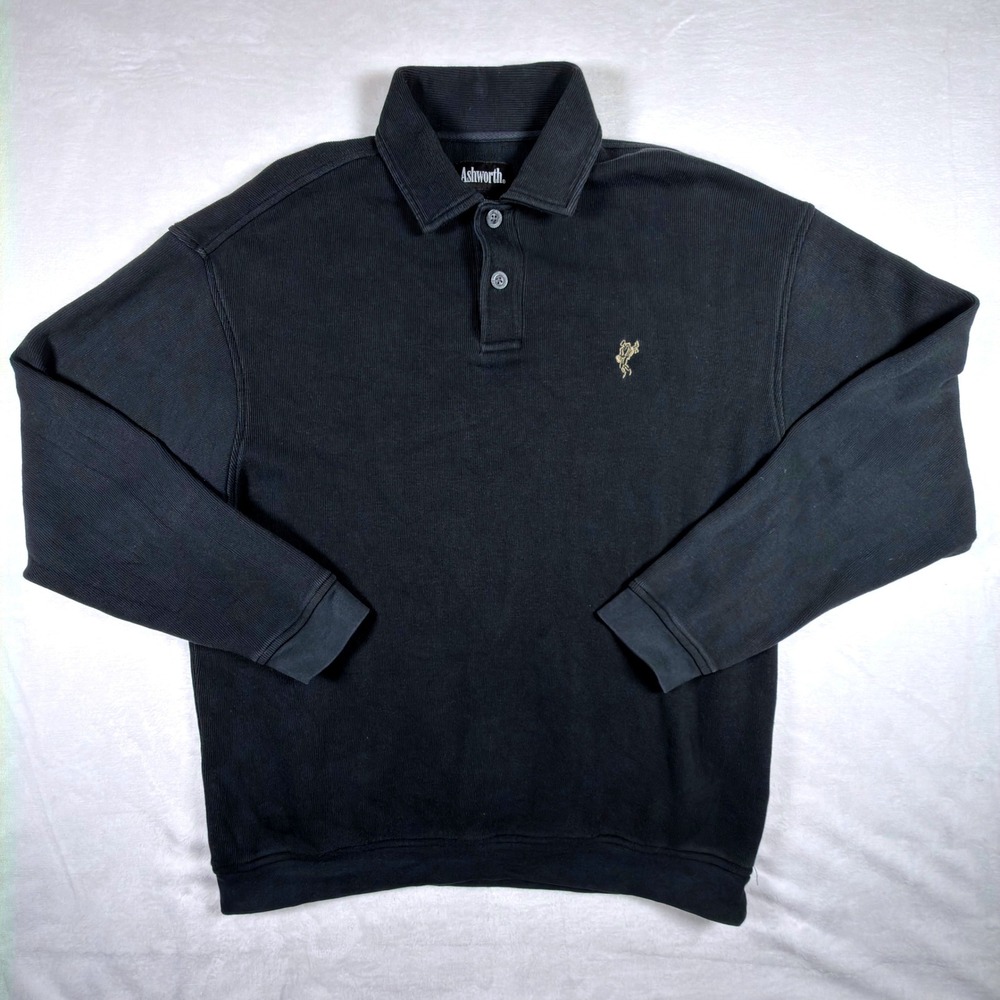 VTG Ashworth Mens Black Ribbed Long Sleeve Polo Sweatshirt Golf Pullover Size L